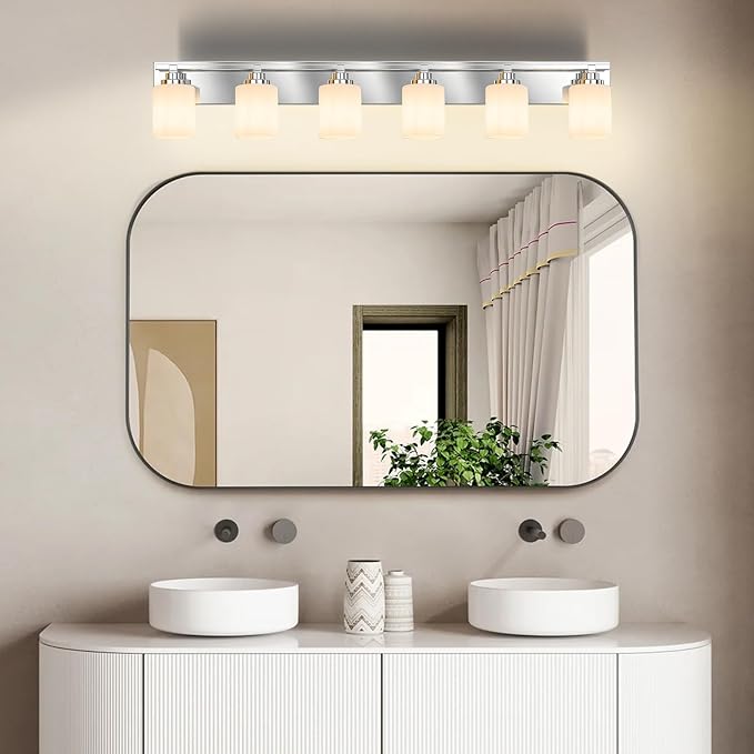Modern Bathroom Lighting Fixtures Over Mirror, Vanity Lights for Bathroom, Wall Sconces with Milky White Glass Shades, E26 Ceramic Socket, 6-Light 43-inch Chrome