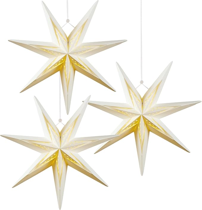 SUNBEAUTY 7-Pointed 12Inch Hollow Out Paper Star Lanterns White Christmas Lanterns Hanging Lamp Paper Decorations Shade Wedding Birthday Christmas Home Party Decorations