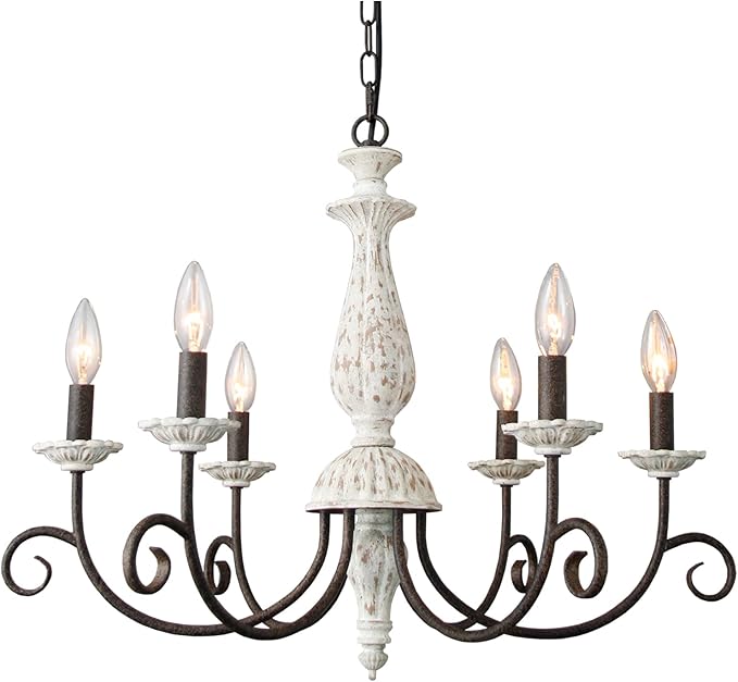 French Country Chandelier,6 Lights Farmhouse Chandelier Dining Room Distressed White Wood Chandeliers with Black Metal Arm,Rustic Candle Ceiling Chandelier for Living Room Bedroom
