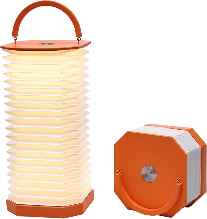 Portable Paper Lamp,White Accordion Desk Lamp,Japanese Lanterns lamp for Home Decoration and Gift,Dimmable Bedside Lamp,1200mAh USB Powered Night Light for Bedroom,Office,Reading (Orange