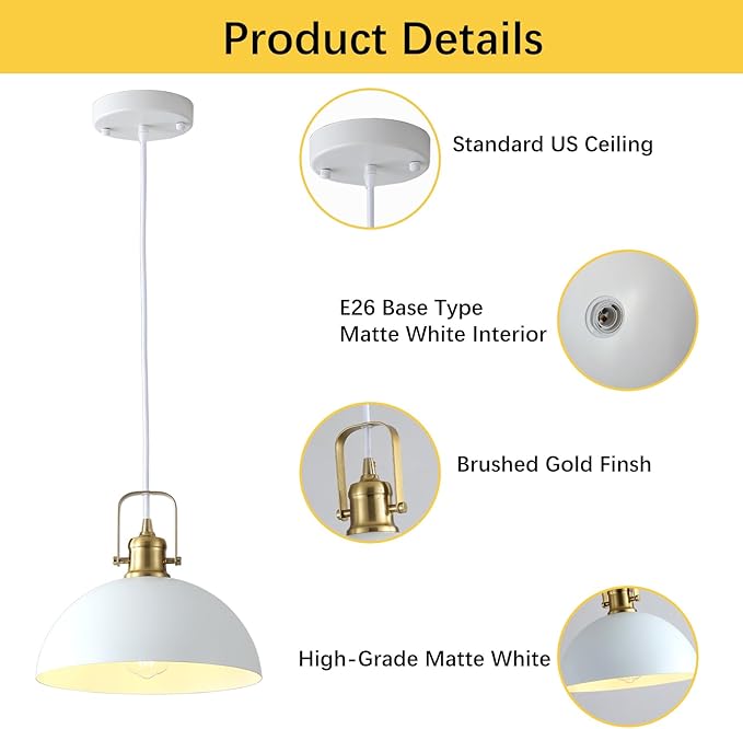 Modern Pendant Lights, 9.84" White Gold Metal Ceiling Hanging Light, Pendant Lighting for Kitchen Living Dining Room Restaurant Hallway Entrance