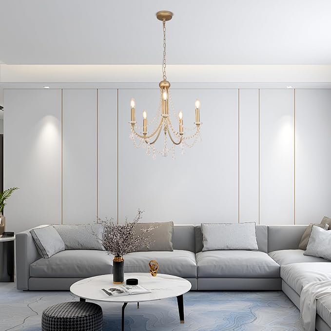 5-Light Farmhouse Chandelier with Crystal Accents, Gold Candle-Style Adjustable Pendant Light for Dining Table, Bedroom, Entryway, Living Room, Kitchen Island, Rustic Modern Ceiling Fixture
