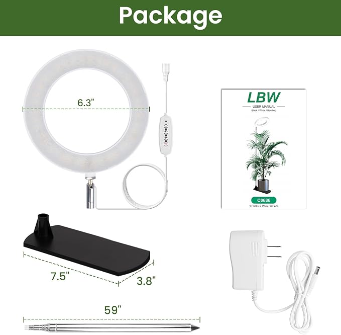 Grow Lights for Indoor Plants, 6.3" Full Spectrum Plant Light with Base | 59" Adjustable Grow Lamp For tall Large Plants, Base/Soil Stake, 6/8/12/16H Auto Timer, 3 Light Color, 5 Brightness, 2 Packs