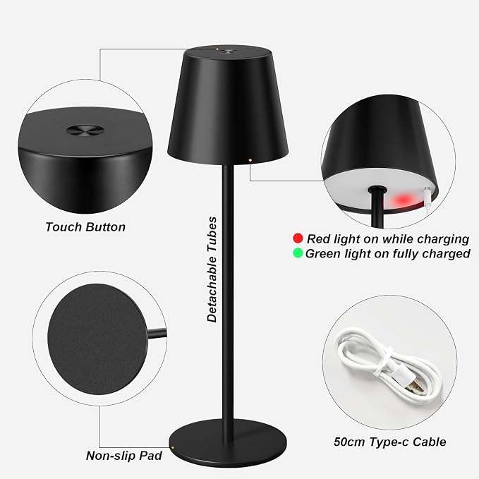 Kakanuo 20" Black Cordless Table Lamp Rechargeable - 2 Pack 5000mAH Battery Operated Lamp for Counter, 3 Color Stepless Dimming Wireless Lamp for Dining Table, Touch Control
