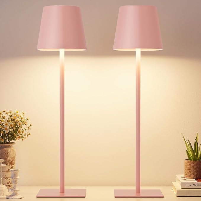 Kakanuo Pink Cordless Rechargeable Table Lamp, 2 Pack Portable Desk Lamp with 5000mAh Battery, Touch Control Stepless Dimming, Wireless Night Light for Dining, Outdoor Camping