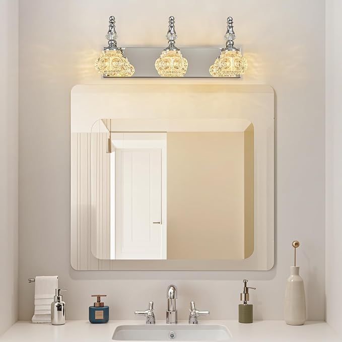 3-Light Vintage Bathroom Vanity Light Fixture Industrial Chrome with Glass Shade Vanity Light Fixtures Over Mirror Glass Bathroom Vanity Lighting Fixtures G9 Bulb Wall Lights