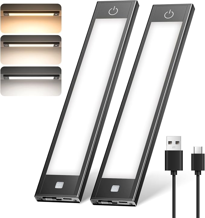 VST 2 Pack Wireless Rechargeable Cabinet Lights Motion Sensor | 3 Color Temperature Dimmable Aluminum Magnetic Night Light with 1800mAh Battery for Kitchen,Closet,Pantry,Hallway,Stair