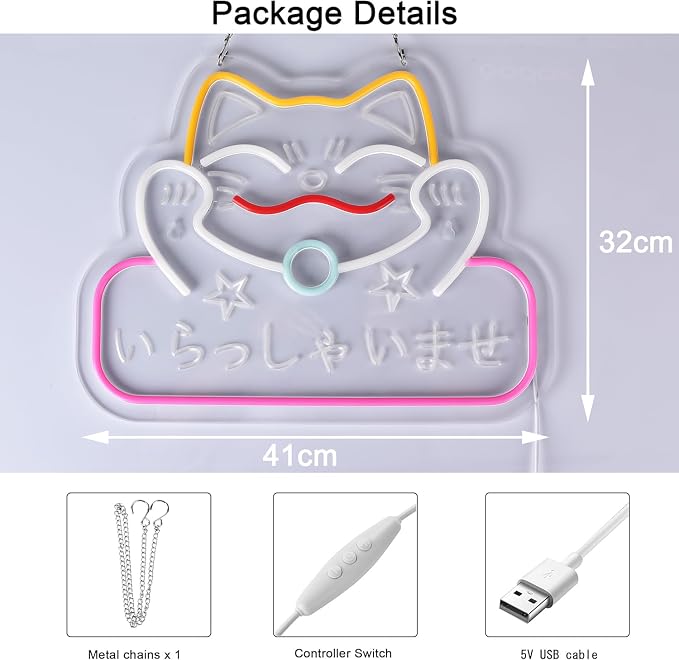 Japanese Welcome Neon Sign Fortune Cat Wall Decor Dimmable Led Neon Lights Japanese Style いらっしゃいませ Neon Billboard for Restaurant Shop Store Window USB Powered 16.1" x 12.6"