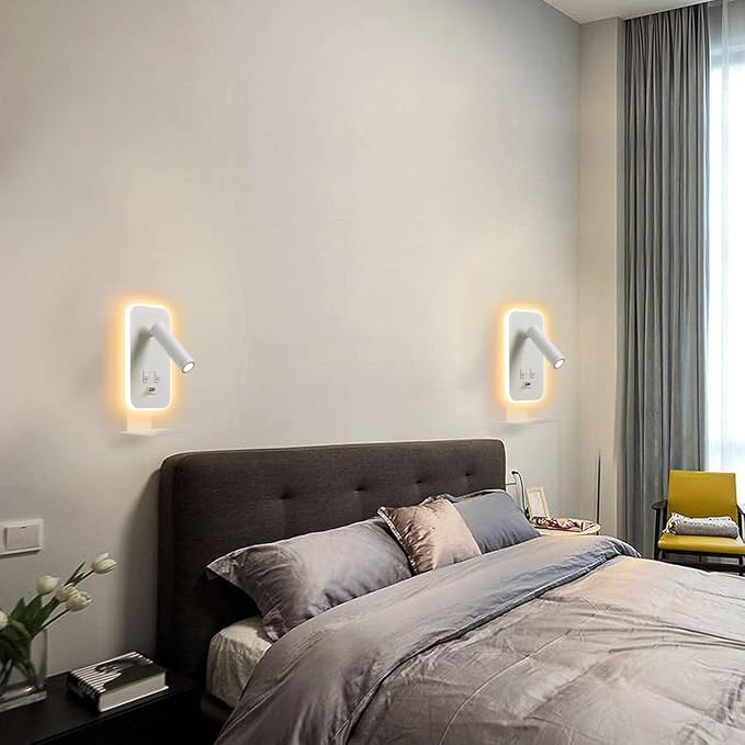 Wall Mounted Reading Light, Bedside Wall Sconces USB Charging, 3100K Warm Ambient Lighting Wall Mounted Sconce for Bedroom, wall lamps for bedroom hardwired, Eye-Caring Bedroom Lighting, White