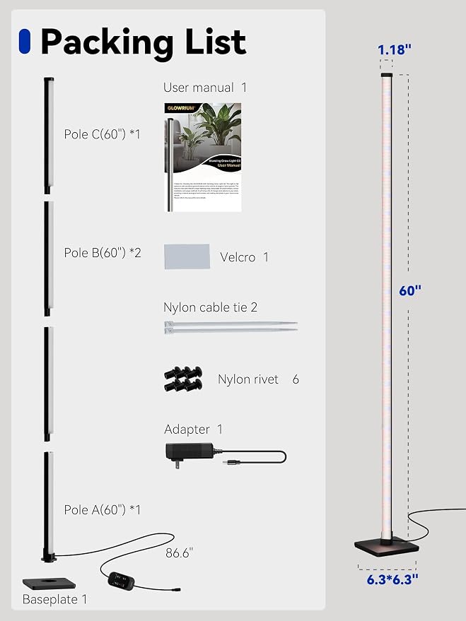 Vertical Grow Light for Indoor Plants, 60in LED Standing Lamp | 36W Full Spectrum Plant Lights with Auto Timer, 268 LEDs Dimming and 3 Light Modes for Wide Coverage Area in Indoor Gardens