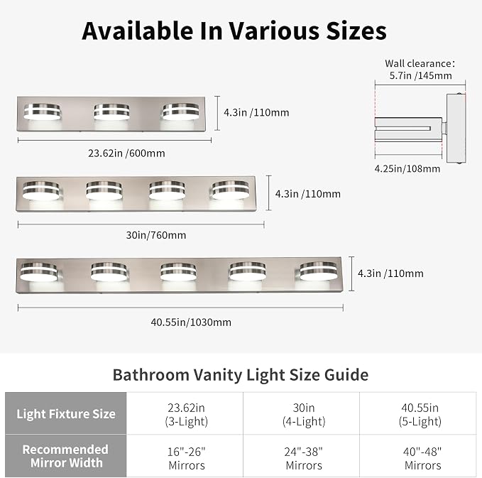 3 Light Bathroom Light Fixtures 23.62in Brushed Nickel Vanity Light | Modern Vanity Light Over Mirror with 5CCT Dimmable 360°Rotate for Makeup Vanity Table Bathroom Mirror Bedroom Living Room