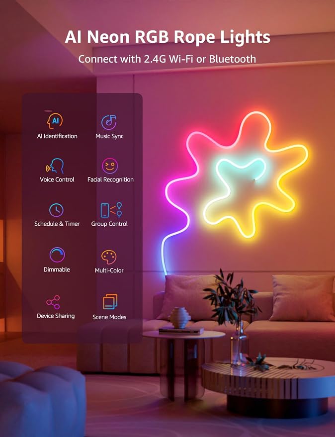 Lepro N1 AI Smart RGB Rope Lights for Christmas, Personalized AI Lighting Designer, LightBeats Music Sync, Color Segment DIY, Voice Control Via App, 9.84ft Wi-Fi & Bluetooth LED Strip Lights