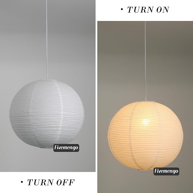 23.6in Paper Lanterns Plug in Hanging Lamp White, 19.7FT Cord | Rice Paper Lamp Lantern Pendant Light Large Globe Japanese Japandi Wabi Sabi Chandelier for Dining Living Room Bedroom 2 Pack