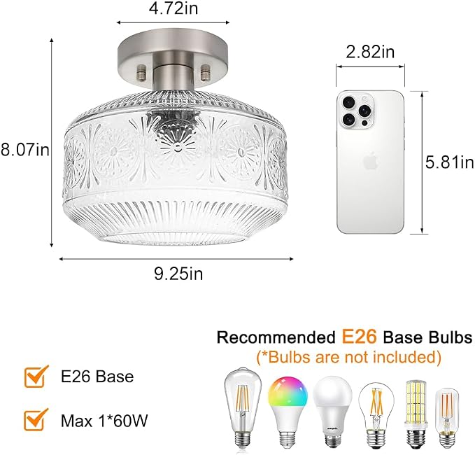 DSMJFU Semi Flush Mount Ceiling Light, Vintage Small Ceiling Light Fixture, Thickened Glass Hallway Light Fixture, Brushed Nickel Kitchen Ceiling Mount Lamp for Entry Way, Bedroom, Bathroom