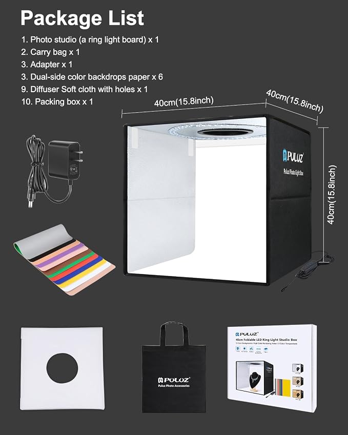Photo Studio Box, PULUZ 40cm Folding Lightbox 160 LED Ring Light Portable Photo Studio Photography Shooting Tent Box Kit 12 Colors Backdrops USB Light Box for Phones DSLR Camera 16 x 16 inch