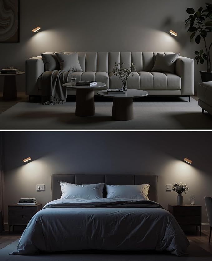 2Pack Battery Operated Wall Sconce, Wood Magnetic 360° Rotation | Bedside Reading, 360° Rotation, Stepless Dimming, 4000K Natural Light, Magnetic Installation for Bedroom Wall Lamps
