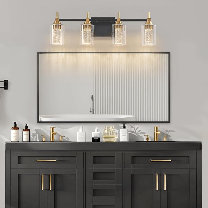 Vanity Light with 3 Color Modes (3000K/4000K/6000K), Eye Protection LED Bathroom Light Fixture, Dimmable Modern Wall Light Over Mirror with Clear Glass Shade (Black and Gold, 4-Light)