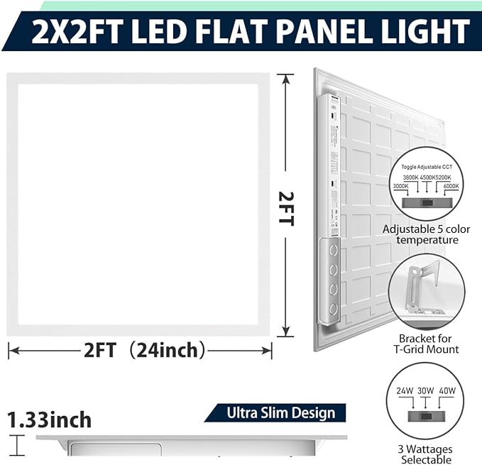 Allsmartlife 2x2 LED Flat Panel Light 6-Pack, Dimmable, 5CCT Options (3000K-6000K), 24W/30W/40W, Back-Lit 2x2FT LED Troffer Light Drop Ceiling for Commercial Office, ETL