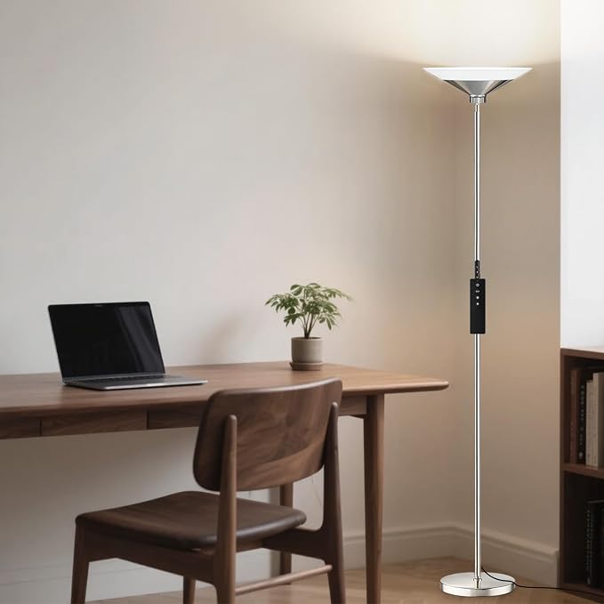 Metallic Silver Torchiere Floor Lamp - 30W Dimmable LED Standing Lamp with Remote/Button Control, 1800Lm, 3000-6500K, 72in Tall Bright Pole Light for Living Room Bedroom Office Corner