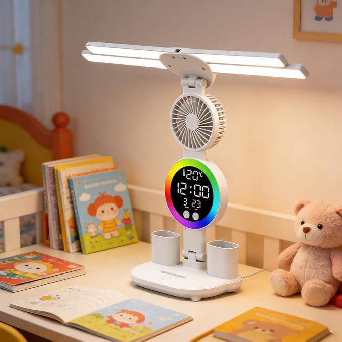 6-in-1 Led Desk Lamp Adjustable Foldable Table Lamp with Fan, Clock, Dates, Temperature, Pen Holder, 3 Color & Stepless Dimming, Reading Lamp for Study Table Work Office
