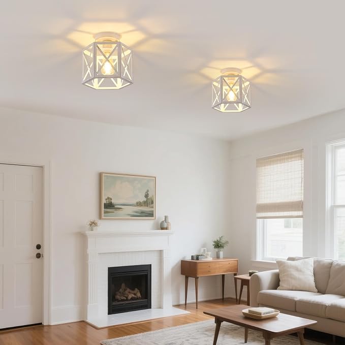 XSDeTu 2 Pack White Semi Flush Mount Ceiling Light, Modern Hallway Light Fixture, Vintage Metal Hexagonal Ceiling Lamp for Kitchen Entryway Porch