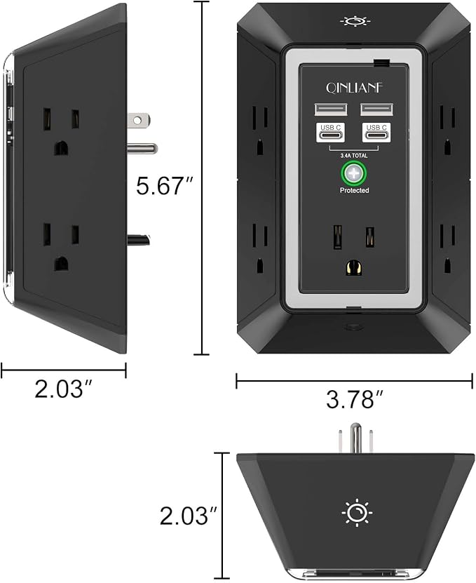 3-Sided Surge Protector Power Strip - QINLIANF Multi Plug Outlet with 5 Outlet Extender and 4 USB Ports(2 USB-C) and Night Light, USB Wall Charger for Home, Office, Travel, ETL Listed, Black