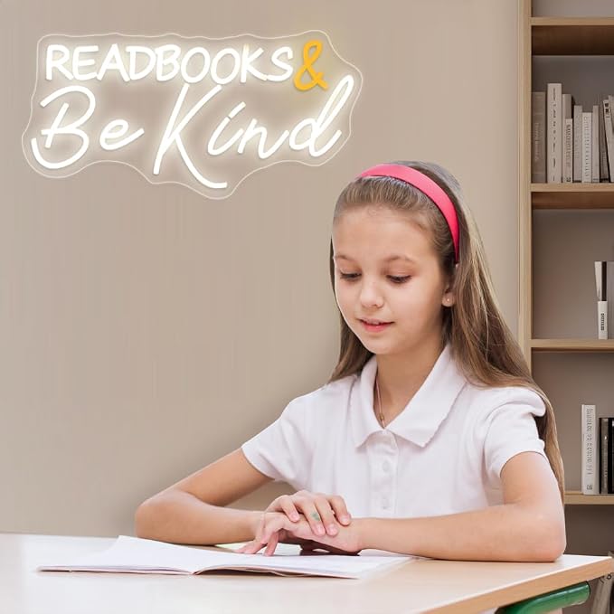 Read Books and Be Kind Neon Sign, LED Neon Light for Classroom Signs | Dimmable USB Powered Letter LED Neon Lights, 19"x9.6" Student LED Neon Light for Bookstore Library Museum Study Room Decor