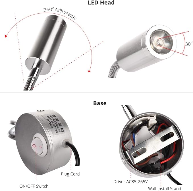 2-Pack Sleek Silver Bed Reading Light Wall Mount Lamp, 25° Focused Beam 3000K Warm White Adjust Neck Lamp, Polished Finish & Sand Silver Base, 4.92ft Plug-in, AC 85-265V