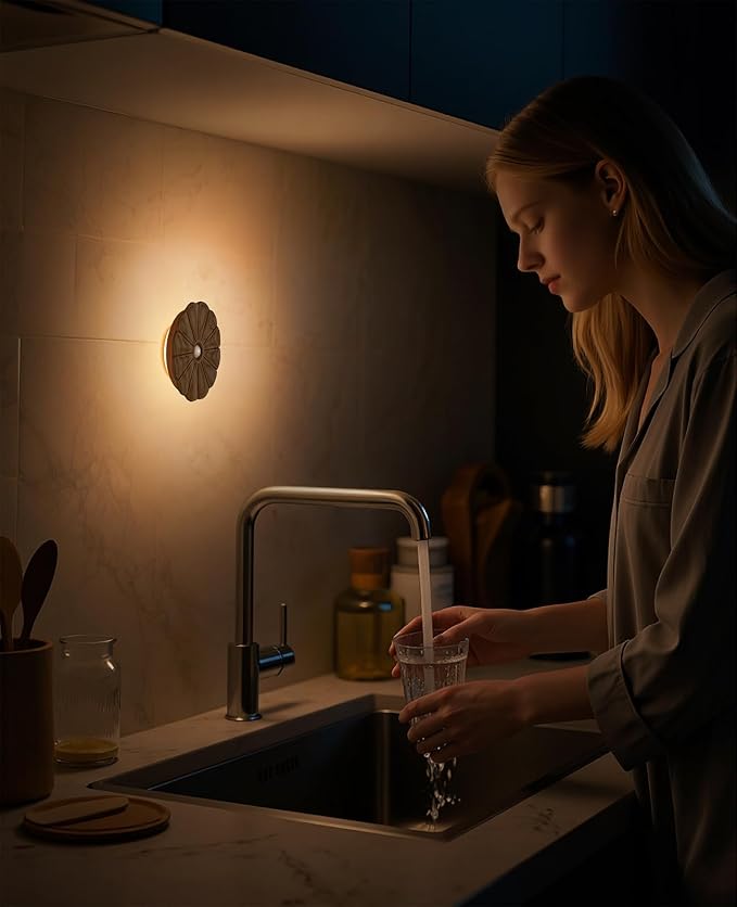 Rechargeable Motion Sensor Light Indoor, Wood Flower Night Light, Magnetic | Warm White 3000K, Ash Wood Flower USB Rechargeable Light, Wireless Lighting for Hallway Bedroom Kitchen , Magnetic Stick-on