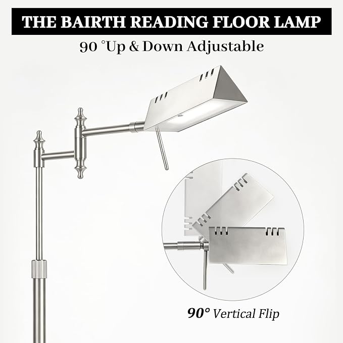 Bairth Brushed Nickel Reading Floor Lamp,Rotatable Pharmacy Standing Lamp | 90°Rotatable Lamp Head 3 Color Temperature, Dimmable, 17W LED, Height Adjustable, 360°Swing Arm, Living Room, Bedroom, Craft