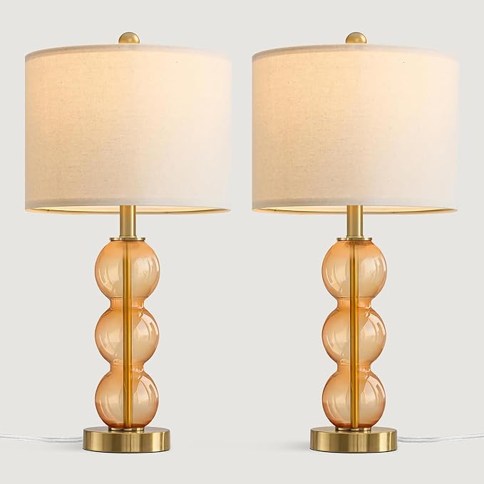 25" Amber Glass Table Lamps for Living Room, Glass Modern Table Lamp Set of 2, USB Charging Ports, Linen Shade, Bedside Lamps for Bedroom, Nightstand, Side Table (Bulbs not Included)
