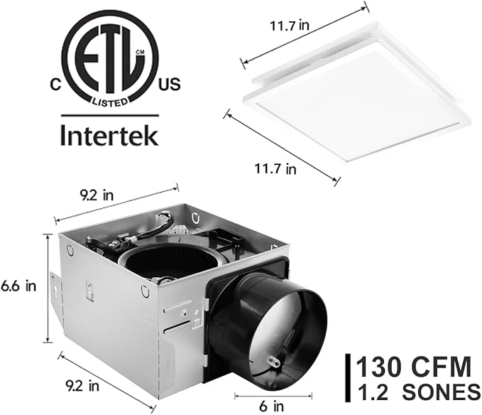 Tech Drive Bathroom Exhaust Fan with Light - 130 CFM, 1000lm Dimmable 5CCT LED Light with Night Light Selectable, 6-Inch Duct Quiet Ventilation Fan, Decorative White Trim, Easy to Install
