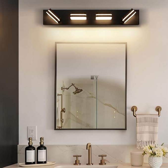Torondo 360° Rotate LED Bathroom Vanity Light Fixtures, Acrylic Vanity Lights for Bathroom, Modern Wall Lighting Fixtures Over Mirror Living, Matte Black, Warm White, 4-Light, 27-Inch