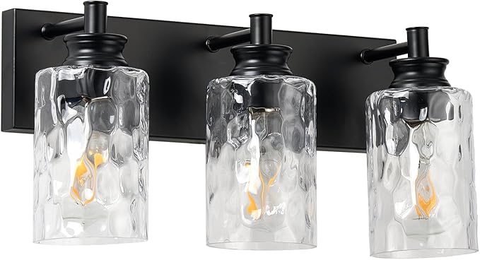3 Light Bathroom Vanity Light Modern Black Bathroom Light Fixtures Over Mirror with Hammered Glass Lampshade for Kitchen Hallway