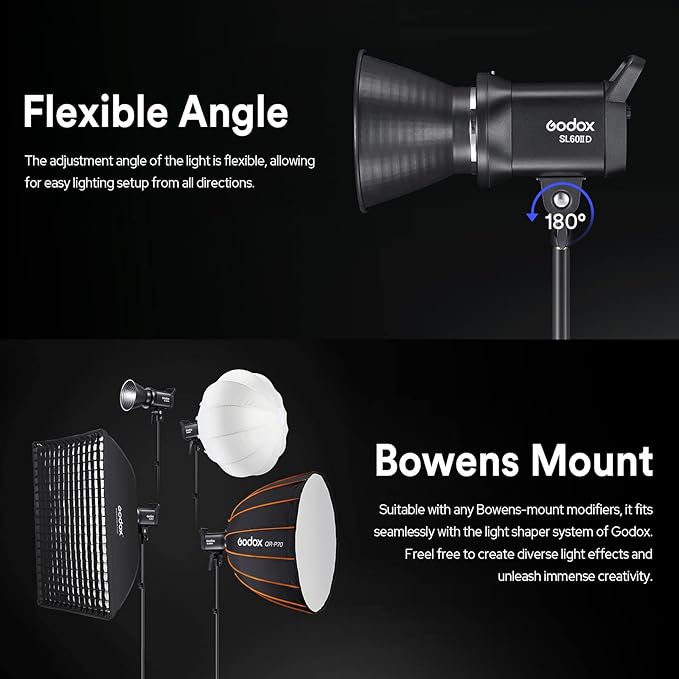 Godox SL60 SL60IID 70W LED Video Light, Cob Video Light Bowens Mount LED Studio Light, Support APP Control, CRI96+ TLCI97+, Daylight 5600K, 18600Lux@1m, Built-in 8 FX Effects, Dimmable Brightness