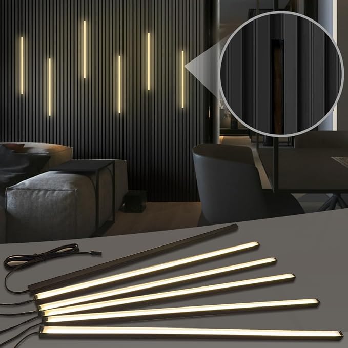 HAMRVL Black LED Recessed Lighting Kit - 6 PCS 16-Inch 3000k Dimmable Warm White LED Lights with Touch Switch, Wall Panel Light for Wood Slat Wall Panels, Headboards, Stairs, Under Cabinet, Home Decor