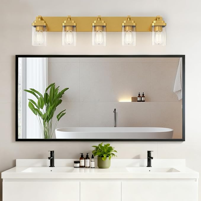 Brushed Gold Bathroom Light Fixtures, 5 Lights Bathroom Lighting Fixtures Over Mirror, Square Design & Rectangle Large Backplate, Modern Vanity Lighting Fixtures, for Living Room/Bedroom