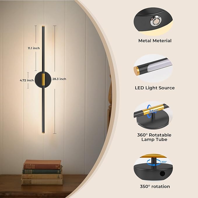 28.3" Battery Operated Wall Sconces Set of 2, 360°Rotation Rechargeable Wall Lights with Remote Control, 3000K-6500K LED Detachable Wall Lamp for Bedroom, Hallway, Black Gold