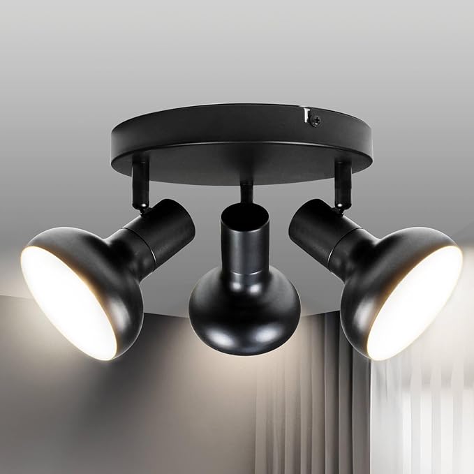 HiBay 3-Light Track Lighting, Farmhouse Ceiling Light Fixtures Black, Directional Spotlight Round for Kitchen Bedroom Dining Room, E12 Base (Bulbs Not Included)