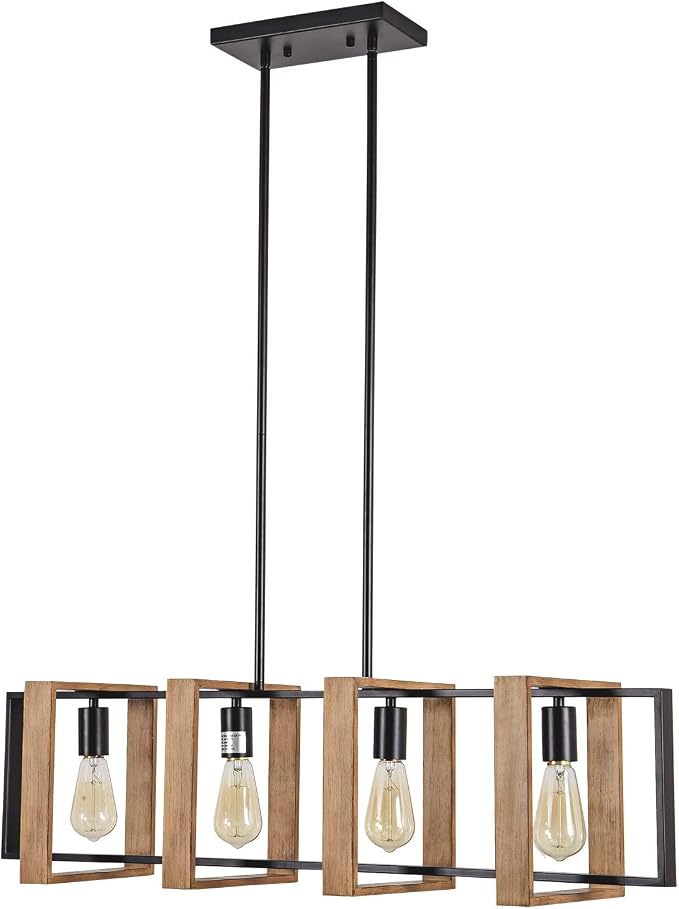 Dining Room Light Fixture Farmhouse Pendant Lights Kitchen Island Rustic Kitchen Light Fixtures 4 Lights Wood and Black Metal Rectangular Chandelier Ceiling Hanging Lighting 35.4"