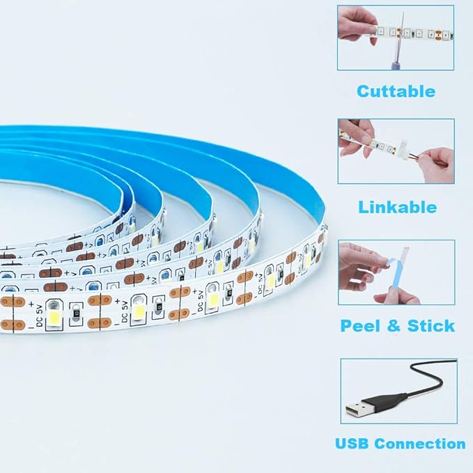 USB LED Strip Light Natural White 4000K 5V USB Powered 13.12ft/4M 240LEDs Flexible SMD2835 High Brightness No-Waterproof IP20 LED Tape Lights(2pcs x 6.6ft)