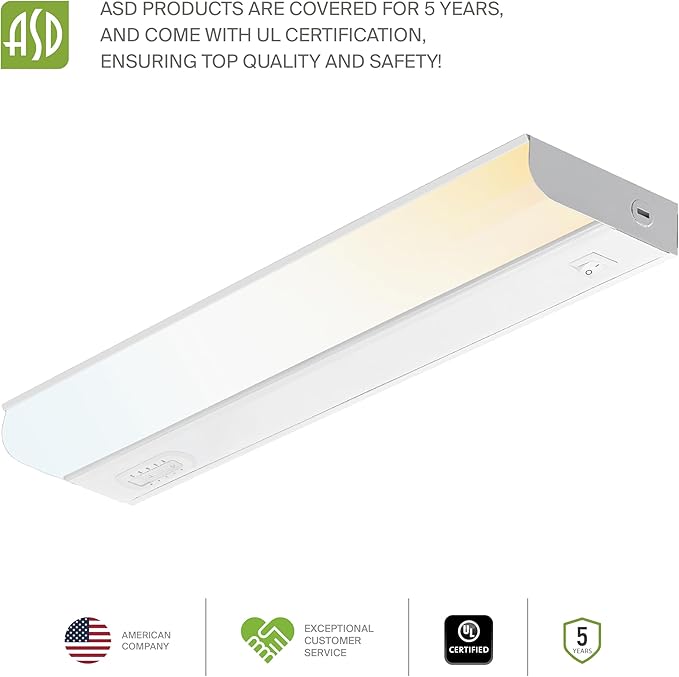 ASD 2 Pack 18 Inch Hardwired LED Under Cabinet Lights, On/Off & 5CCT Switch 2700K-5000K, 10W 807LM CRI90+, Direct Wire Low Profile Linkable Fixture, Dimmable Under Counter Kitchen Lighting, White, UL