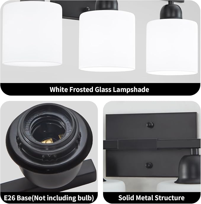 5-Light Black Bathroom Vanity Light, Black Vanity Light with Milky White Frosted Glass Shades, Modern Vanity Light Fixture for Bathroom Mirror, Bedroom, Living Room, Hallway, Vanity Table, E26 Base