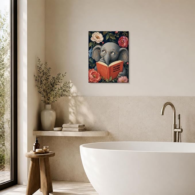 NSFBESSLIA Funny Reading Elephant Painting, Whimsical Vintage Animal Decor, The Elephant In The Room, Humorous Wall Art for Living Room Bedroom Entryway, 8x10 Inch