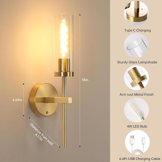 Shenmoyl Battery Operated Wall Sconces Set of 2, Gold Rechargeable Wall Lighting Fixtures, Dimmable Wall Lights with Remote & Clear Glass Shade for Living Room, Bathroom,Bedroom