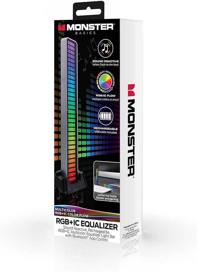 XTREME Monster Sound-Reactive Multicolor LED Equalizer Light Bar, Horizontal/Vertical Mounting, Rechargeable, USB Charging Cable Included