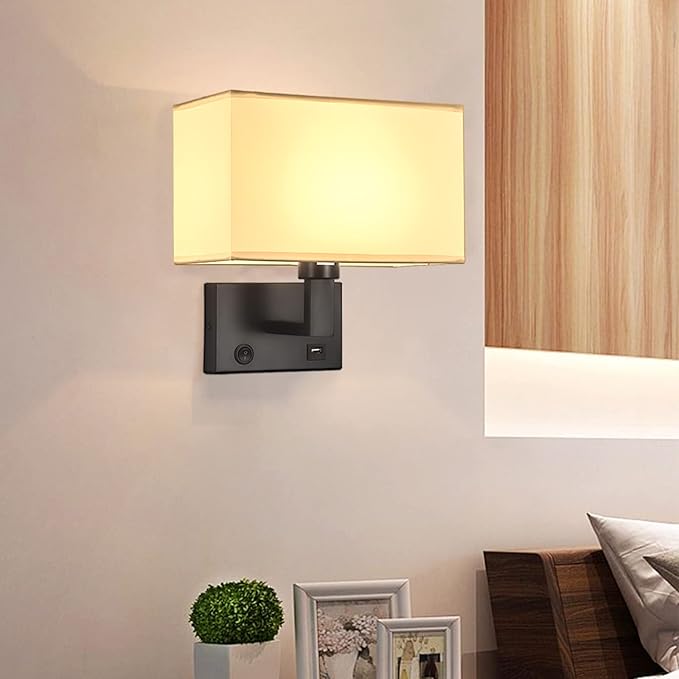 Bedside Wall Mount Light with USB, LED Reading Swing Arm Fabric Shade Wall Sconce Light Hardwired, Perfect for Bedroom, Living Room and Hotel (Black)
