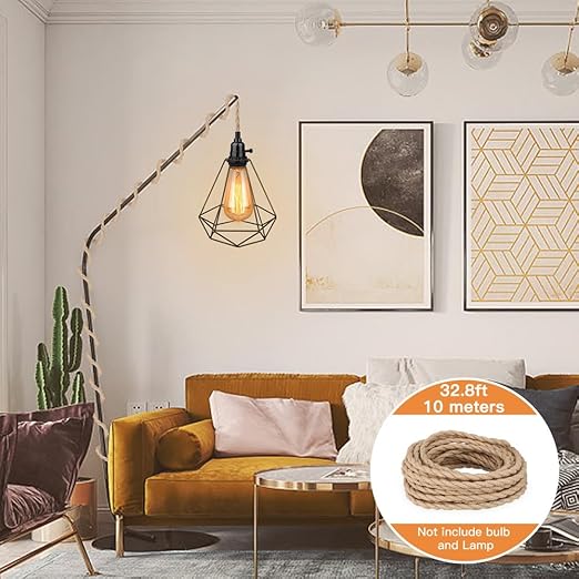 Helunsi 32.8ft Twisted Electric Rope Light, 18/2 Hemp Rope Covered Lamp Twisted Wire, 18-Gauge Vintage Light Pendant Cord, Antique Industrial Electrical Wire Rope