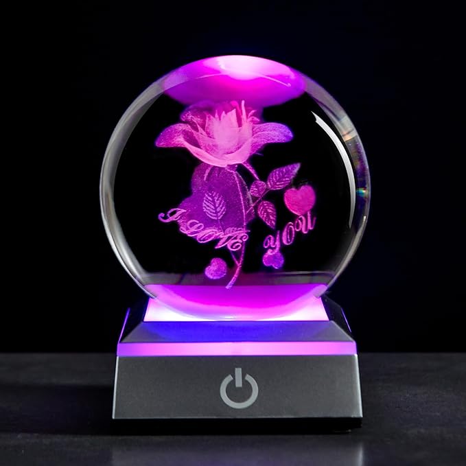3D Laser Etched Rose Crystal Ball, I Love You Decor Glass Sphere Lamp Night Light, Crystal Rose Flower Figurines Collectibles Gifts for Mom Kids Women Girls