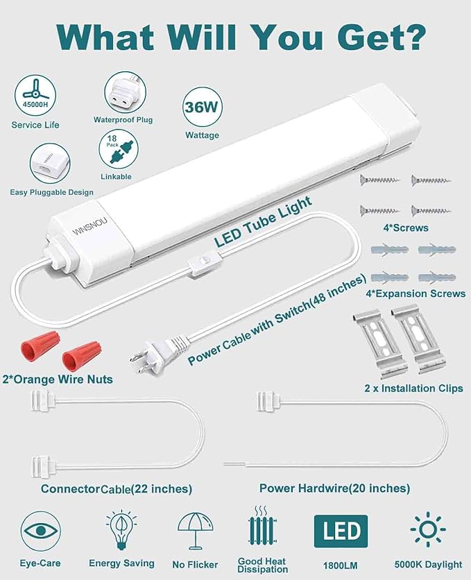Plug-and-Play LED Shop Light - Waterproof, Linkable, 18W 2000LM, 5000K, with NO/Off Switch - Perfect for Ceiling, Closet, and Workshop - 2FT (2PCS)